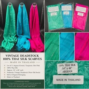 VTG Vintage Deadstock 100% Thai Silk Scarves Lot of 3 Aegean Turquoise Hot Pink